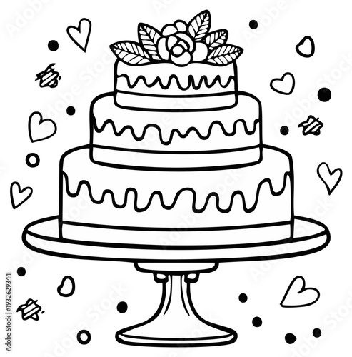 Festive Three-Tier Cake Illustration with Floral Topper and Hearts for Celebrations and Events