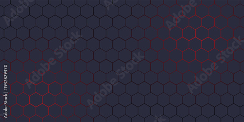 Dark wide hexagon abstract technology futuristic background with red bright energy flashes. Dark honeycomb texture grid. Vector illustration