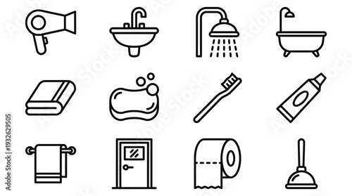 Bathroom essentials and fixtures icons set