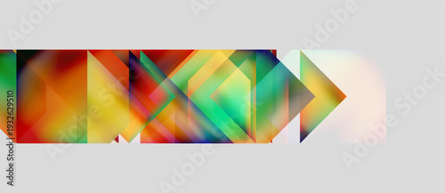 Abstract geometric shapes blend vibrant colors. Composition suggests forward motion, dynamic energy, modern design.