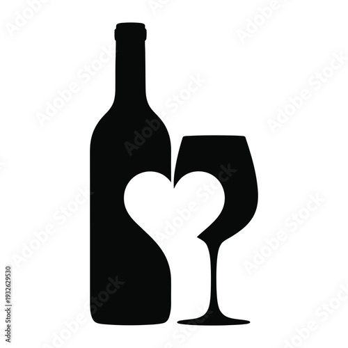Minimalist wine bottle and glass silhouette with heart shape negative space design element for romantic events celebration anniversary dinner date night minimalist monochrome art