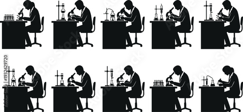 Scientist laboratory silhouette icon collection showing chemistry experiments, microscope research, scientific testing and professional laboratory workplace activity illustrations