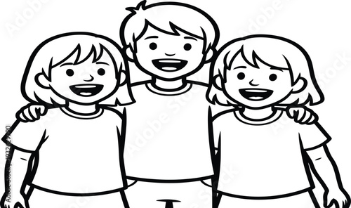 Three happy children standing together smiling