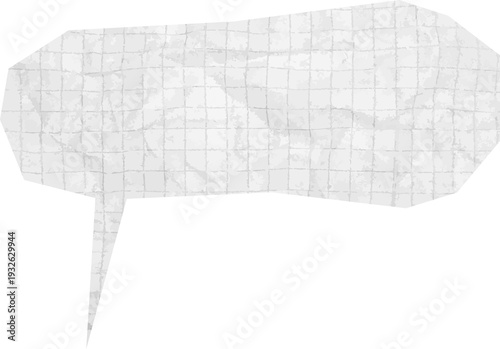 Crumpled speech bubble featuring notebook grid, lined patterns. Textured  paper speech chat balloon with wrinkled surface for stickers, comic conversation. Dialogue shapes with rugged torn edges