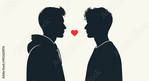 Two men in love facing each other with a heart