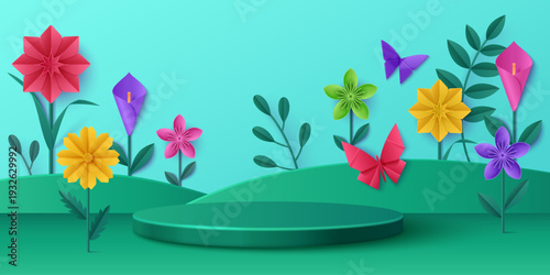 3D spring paper flower landscape with podium, vector background. Blooming origami meadow with green grass and butterflies, cheerful papercut stage for product display, summer cute garden presentation