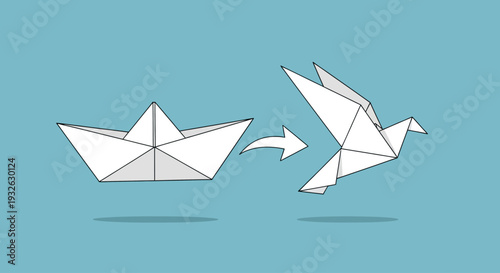 An origami boat transforming into a swan on blue background