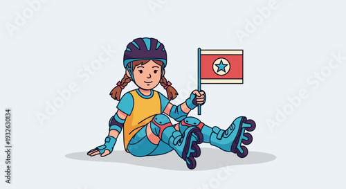 A young girl in roller skates holding a flag and sitting on the ground with a helmet on her head.