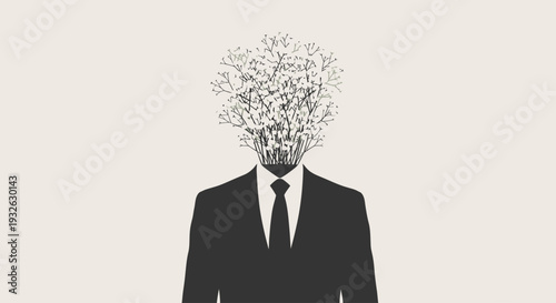 A man in a suit with a bouquet of flowers for a head stands against a plain background