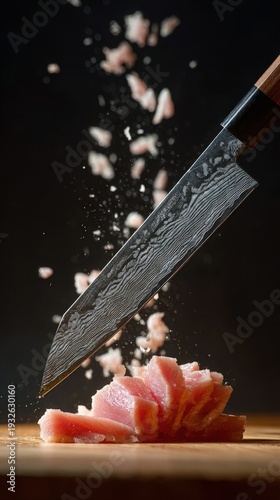 Wallpaper Mural Sharp damascus chef knife slicing raw tuna on wooden board, flying salt crystals sparkle against dark studio background, concept of precision japanese culinary art Torontodigital.ca