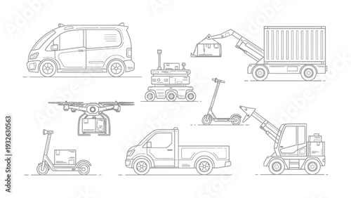 The Future of Logistics: An illustration showcasing diverse futuristic transport vehicles, symbolizing innovation in logistics and delivery systems. 