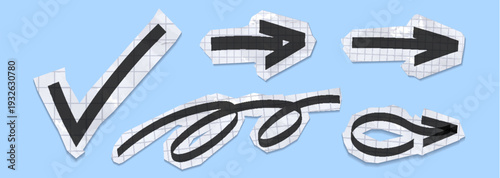 Papercut arrow stickers for scrapbook collage, realistic vector set isolated on background. Grunge cutout collection with doodle elements, fancy black arrows, vintage square box paper texture