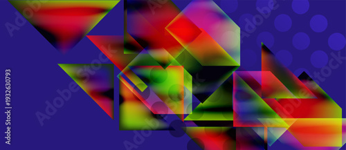 Abstract geometric shapes overlap vibrant colors. Purple background features subtle dot pattern. Modern digital illustration.
