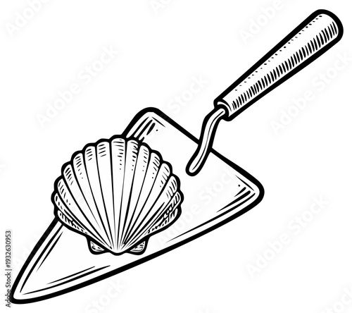 Scallop Shell Resting on Masonry Trowel Black and White Engraving Style