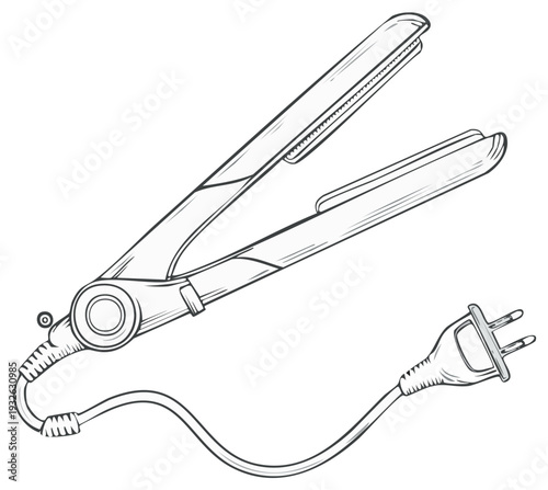 Black and white vector illustration of an open hair straightener with an electrical plug and cord