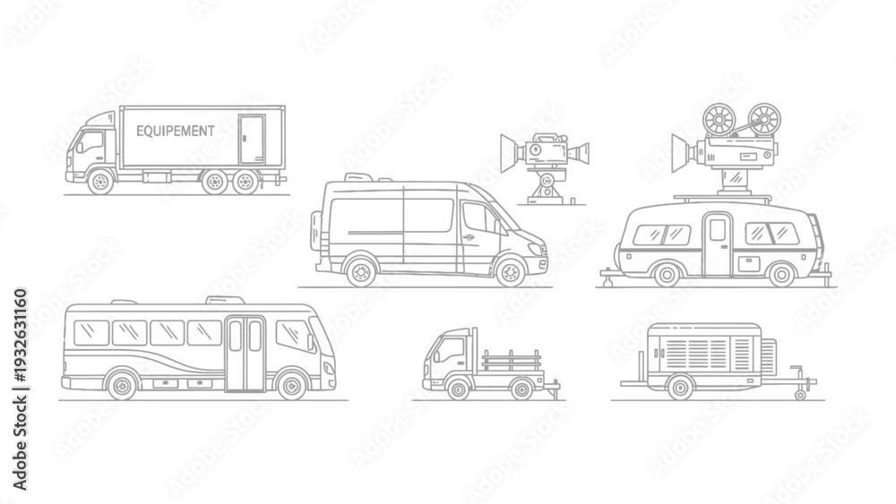 Naklejka premium Vehicular Variety: A collection of various vehicles, including a van, truck, bus, and trailer.