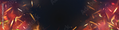 Realistic fire flames border with glowing sparks and smoke effect on transparent background. Vector illustration of fiery orange and red burning embers, dramatic heat overlay frame