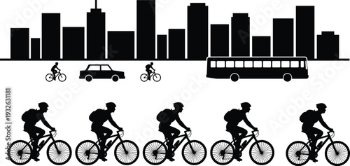 Urban transportation silhouette illustration featuring cyclists, city skyline, bus and car traffic representing sustainable mobility, commuting and modern city lifestyle