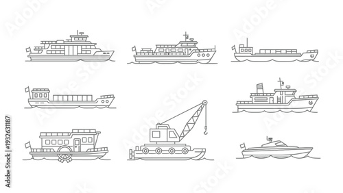 Fleet of Vessels: An artistic collection of various boat illustrations, showcasing the diversity of marine transportation and nautical design, highlighting vessels such as cargo ships.