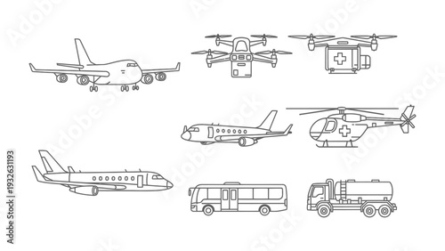 Diverse Modes of Transport: A collection of various vehicles, including airplane, helicopter, bus and drone, illustrating modes of travel and transportation. 