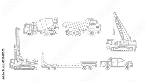 Construction Vehicles Collection: A meticulously crafted collection of construction vehicles, presented in a clean, minimalist style, suitable for architectural or industrial designs.