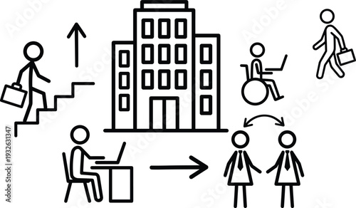Workplace accessibility and career development icon set showing office building, employee mobility, inclusive employment and professional growth pathway conceptsWorkplace 