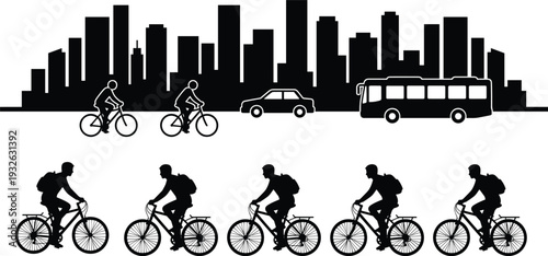Urban cycling and public transportation silhouette set featuring cyclists, city skyline, bus and car traffic promoting sustainable commuting lifestyle