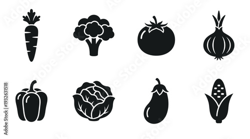 Vegetable Vector Silhouette Icon Set Featuring Carrot, Broccoli, Tomato, Onion, Bell Pepper, Cabbage, Eggplant, and Corn for Culinary Art, Healthy Eating, and Graphic Design Use