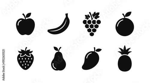 Fruit Vector Silhouette Icon Set Featuring Apple, Banana, Grapes, Peach, Strawberry, Pear, Mango, and Pineapple for Culinary Art, Healthy Eating, and Graphic Design Use