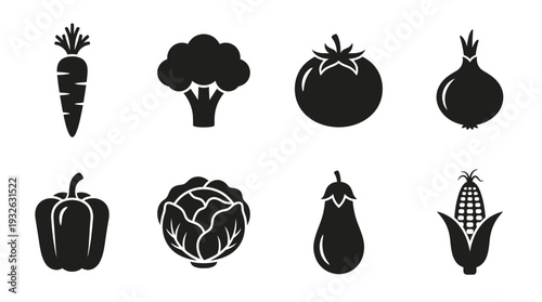 Vegetable Vector Silhouette Icon Set Featuring Carrot, Broccoli, Tomato, Onion, Bell Pepper, Cabbage, Eggplant, and Corn for Culinary Art, Healthy Eating, and Graphic Design Use