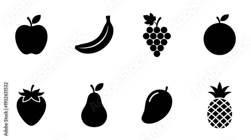 Fruit Vector Silhouette Icon Set Featuring Apple, Banana, Grapes, Peach, Strawberry, Pear, Mango, and Pineapple for Culinary Art, Healthy Eating, and Graphic Design Use