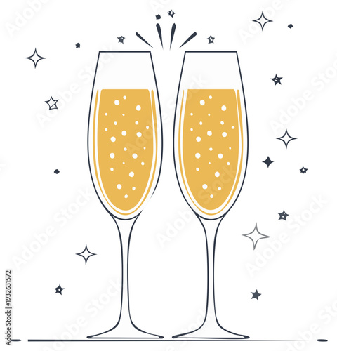 Toasting Celebration Two Champagne Flutes Filled with Sparkling Wine and Stars Graphic