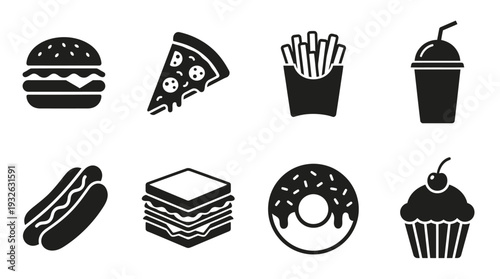 Fast Food Vector Silhouette Icon Set Featuring Hamburger, Pizza, Fries, Soft Drink, Hot Dog, Double Burger, Donut, and Cupcake for Culinary Art and Graphic Design Use