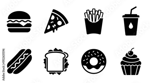Fast Food Vector Silhouette Icon Set Featuring Hamburger, Pizza, Fries, Soft Drink, Hot Dog, Double Burger, Donut, and Cupcake for Culinary Art and Graphic Design Use