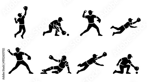Cricket Player Vector Silhouette Icon Set Featuring Eight Action Poses Including Batting, Bowling, Catching, and Fielding for Sports Art, Training, and Graphic Design Use