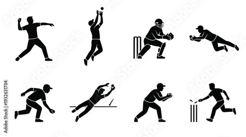 Cricket Player Vector Silhouette Icon Set Featuring Eight Action Poses Including Batting, Bowling, Catching, and Fielding for Sports Art, Training, and Graphic Design Use