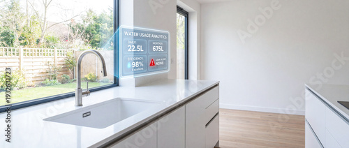 Contemporary kitchen with built in sink and faucet by a large window, featuring a digital screen showing water usage data, efficiency level, and leak status.