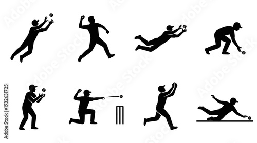 Cricket Player Vector Silhouette Icon Set Featuring Eight Action Poses Including Batting, Bowling, Catching, and Fielding for Sports Art, Training, and Graphic Design Use