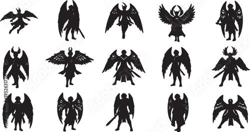 Winged Figures Silhouettes Collection, Angels and Demons, Isolated on White Background and Vector Graphic