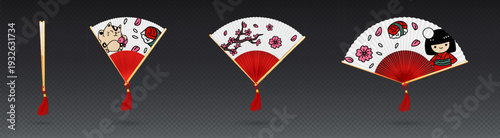 Japanese fan with traditional ornate paper design, realistic vector illustrations isolated on transparent. Asian handheld accessory with golden bamboo handle, oriental floral sakura pattern