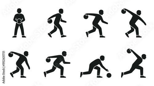 Cricket Player Vector Silhouette Icon Set Featuring Eight Action Poses Including Batting, Bowling, Catching, and Fielding for Sports Art, Training, and Graphic Design Use
