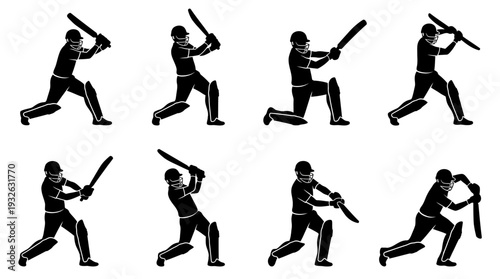 Cricket Batting Vector Silhouette Icon Set Featuring Eight Dynamic Player Poses with Bats in Action for Sports Art, Training, Coaching, and Graphic Design Use