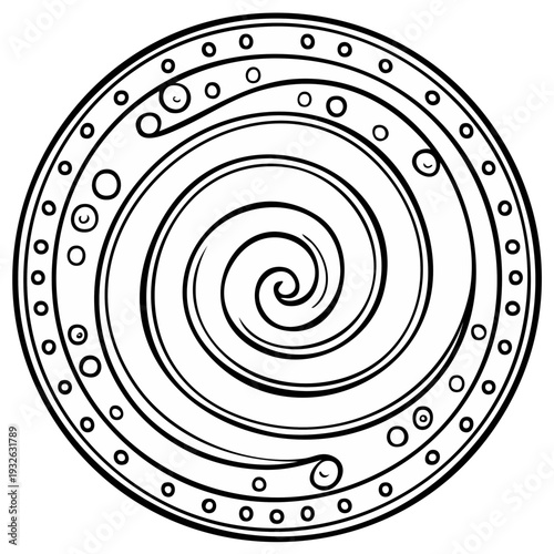 Whimsical Black and White Spiral Mandala with Circles and Dots