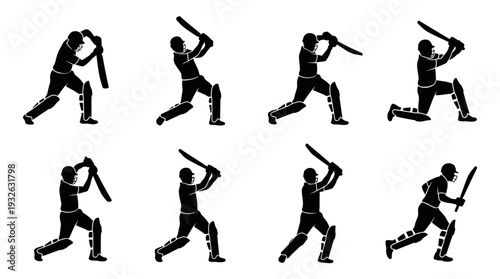 Cricket Batting Vector Silhouette Icon Set Featuring Eight Dynamic Player Poses with Bats in Action for Sports Art, Training, Coaching, and Graphic Design Use