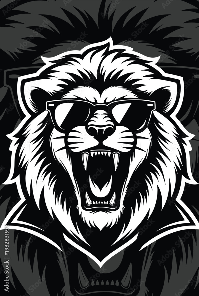 Obraz premium Roaring Lion Head with Sunglasses in Bold Black and White Vector Illustration, Fierce Wild Animal Mascot Design Isolated on Dark Background