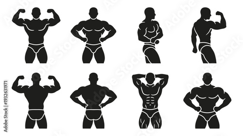 Bodybuilding Vector Silhouette Icon Set Featuring Eight Classic Competition Poses Including Flexing, Side Stance, Kneeling, and Symmetry Showcases for Fitness and Graphic Design Use