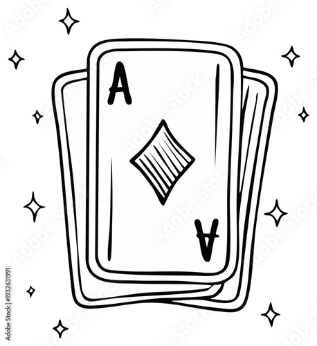 Illustration of a Hand Drawn Ace of Diamonds Playing Card on Deck with Star Accents