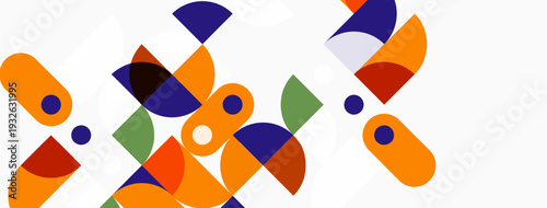 Abstract geometric shapes overlap, creating colorful composition. Circles, arcs, segments form dynamic pattern. Modern design element.