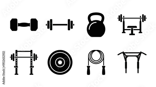 Gym Equipment Vector Silhouette Icon Set Featuring Barbell, Kettlebell, Bench Press, Squat Rack, Weight Plate, Jump Rope, and Parallel Bars for Fitness and Graphic Design Use