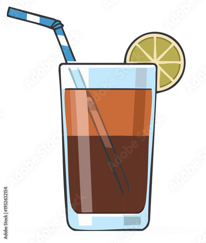 Iced Drink Cartoon Art with Layered Liquid, Straw, and Citrus Slice in Tall Glass Illustration